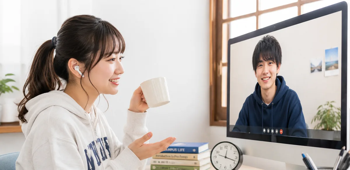 部屋からビデオ通話でつながる学生